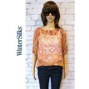 WINTER SILKS - Boho short sleeve orange paisley 100% silk top